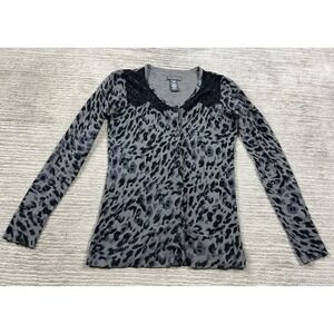 Covington Sweater Women Small Gray Animal Print Cardigan Long Sleeve Rayon Blend